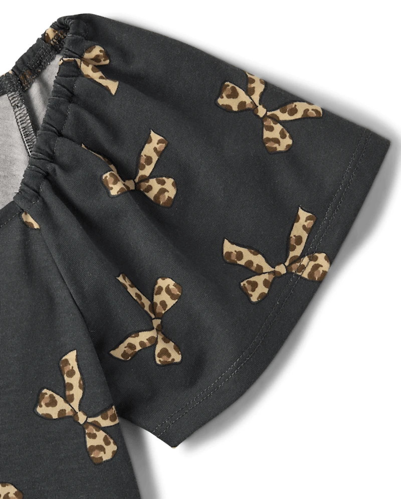 Girls Leopard Bow Tiered Flutter Dress