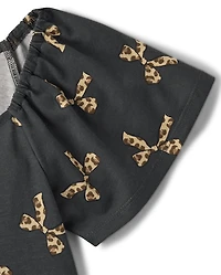 Girls Leopard Bow Tiered Flutter Dress