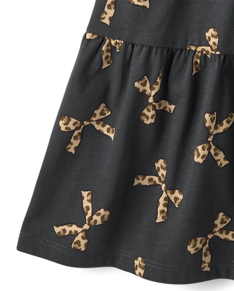 Girls Leopard Bow Tiered Flutter Dress