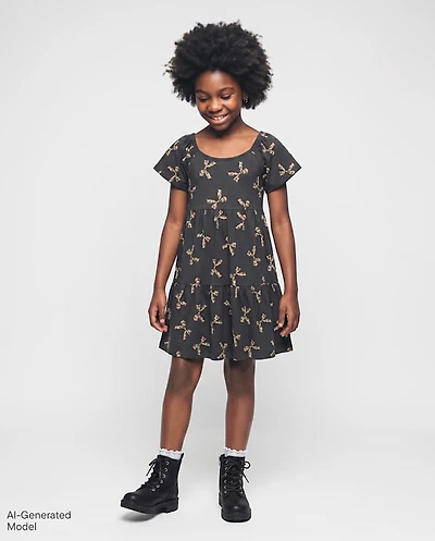 Girls Leopard Bow Tiered Flutter Dress
