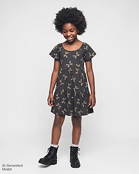 Girls Leopard Bow Tiered Flutter Dress