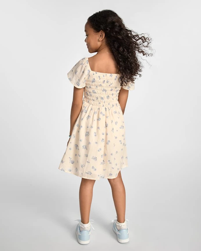 Girls Floral Textured Smocked Dress