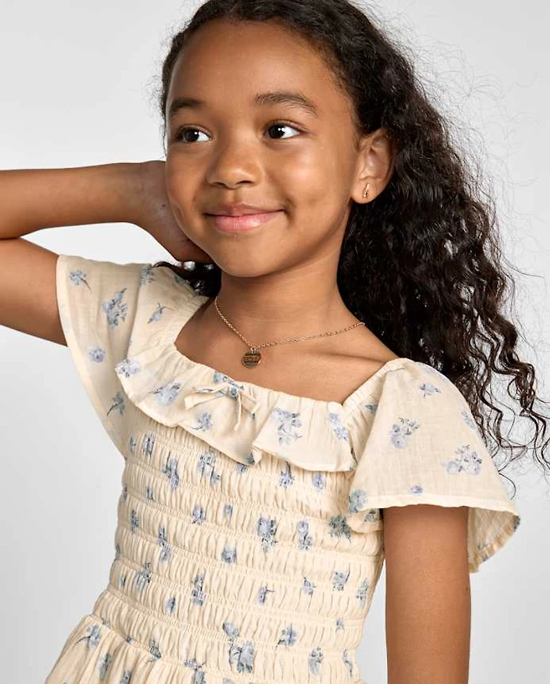 Girls Floral Textured Smocked Dress
