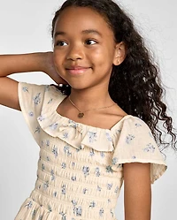 Girls Floral Textured Smocked Dress
