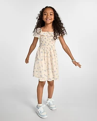 Girls Floral Textured Smocked Dress