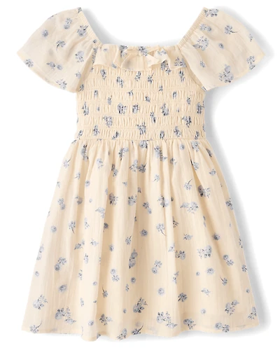 Girls Floral Textured Smocked Dress