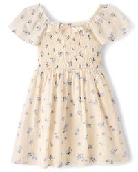 Girls Floral Textured Smocked Dress