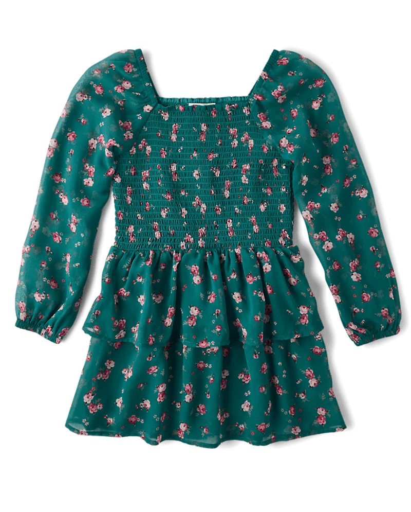 Girls Floral Chiffon Flounce Dress