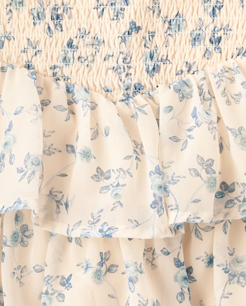 Girls Floral Chiffon Smocked Tiered Skort