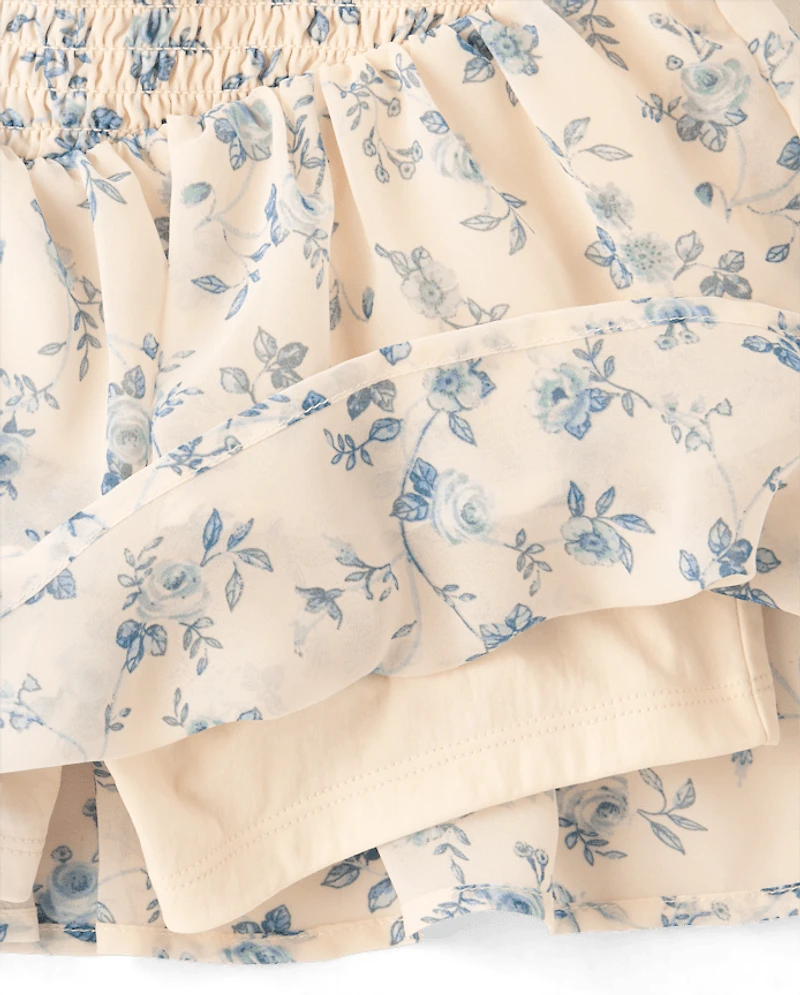 Girls Floral Chiffon Smocked Tiered Skort