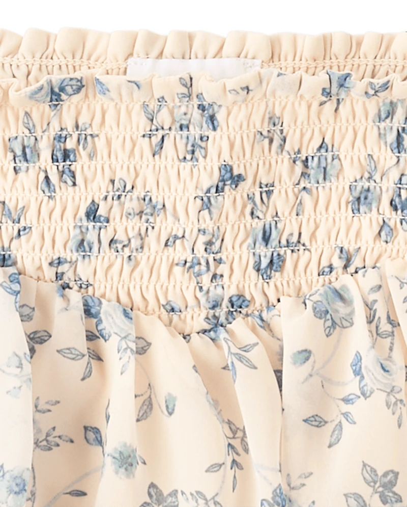Girls Floral Chiffon Smocked Tiered Skort