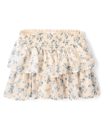 Girls Floral Chiffon Smocked Tiered Skort