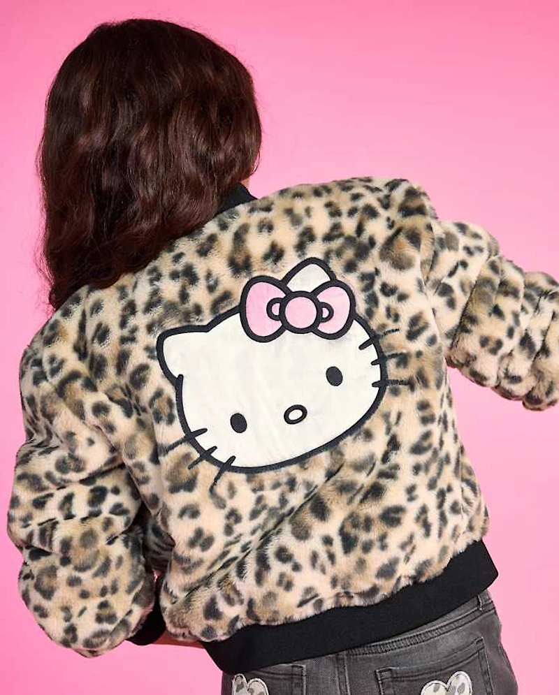 Girls Hello Kitty® Leopard Embroidered Faux Fur Bomber Jacket