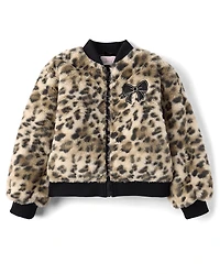 Girls Hello Kitty® Leopard Embroidered Faux Fur Bomber Jacket