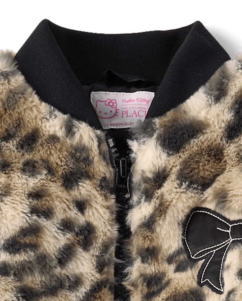 Girls Hello Kitty® Leopard Embroidered Faux Fur Bomber Jacket