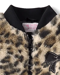 Girls Hello Kitty® Leopard Embroidered Faux Fur Bomber Jacket