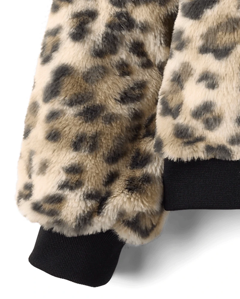 Girls Hello Kitty® Leopard Embroidered Faux Fur Bomber Jacket