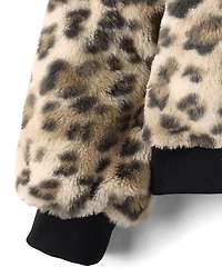 Girls Hello Kitty® Leopard Embroidered Faux Fur Bomber Jacket