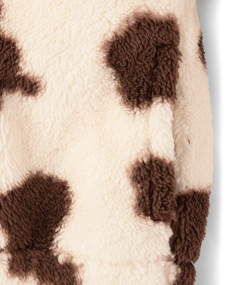 Girls Cow Print Sherpa Zip Up Jacket