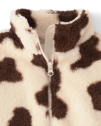 Girls Cow Print Sherpa Zip Up Jacket