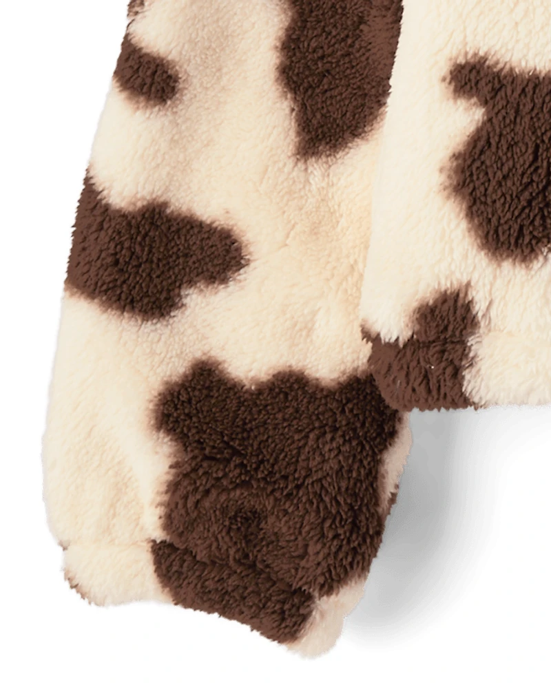Girls Cow Print Sherpa Zip Up Jacket