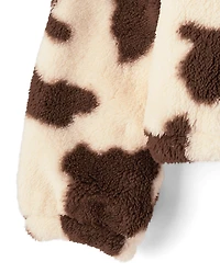 Girls Cow Print Sherpa Zip Up Jacket
