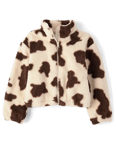 Girls Cow Print Sherpa Zip Up Jacket