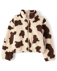 Girls Cow Print Sherpa Zip Up Jacket