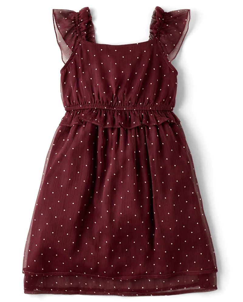 Girls Polka Dot Chiffon Flutter Dress