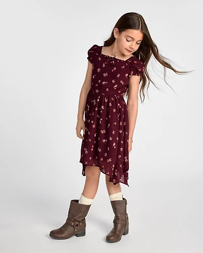 Girls Floral Chiffon Hanky Hem Dress