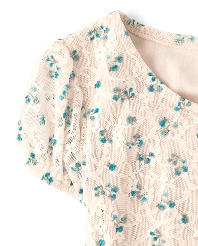 Girls Floral Lace Hanky Hem Top