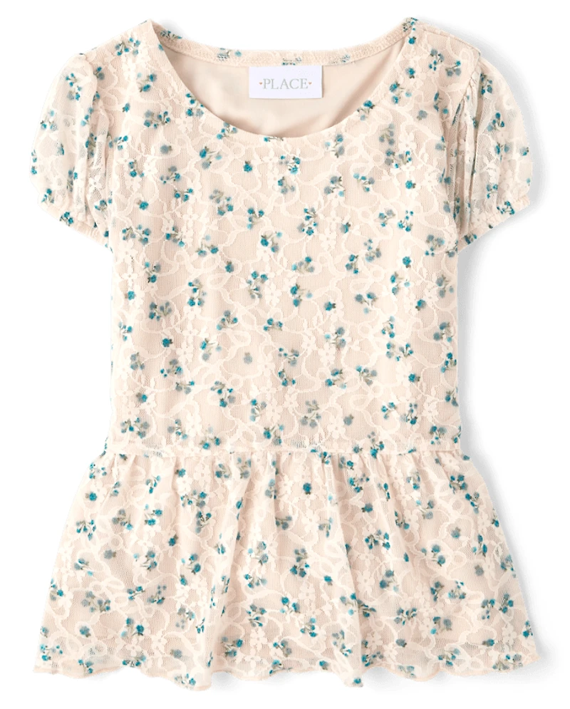 Girls Floral Lace Hanky Hem Top