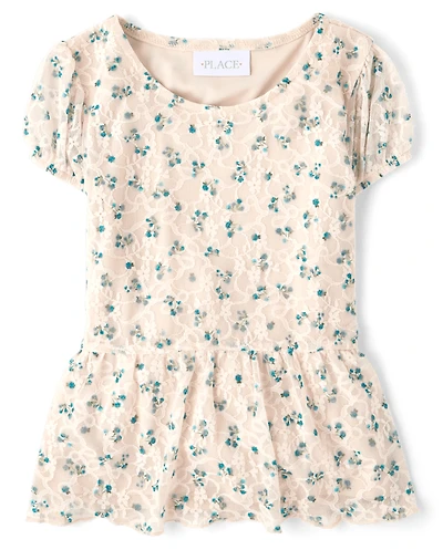 Girls Floral Lace Hanky Hem Top