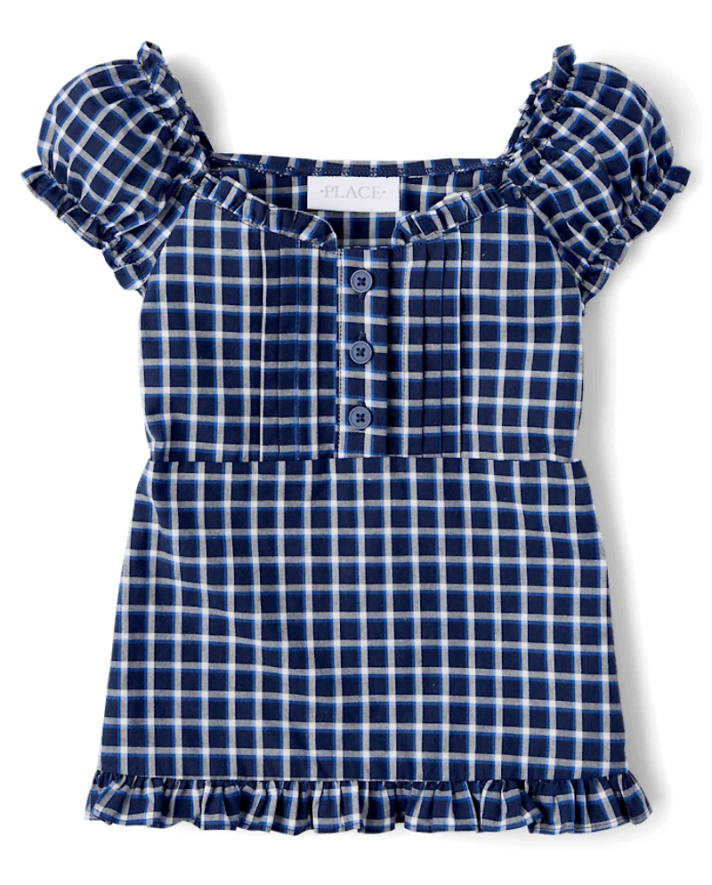 Girls Plaid Ruffle Poplin Blouse