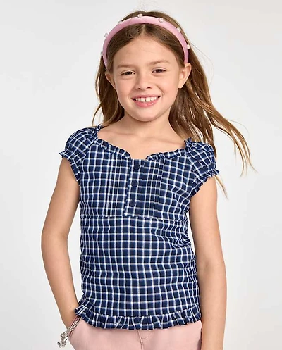 Girls Plaid Ruffle Poplin Blouse