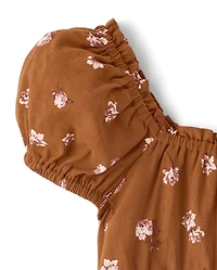 Girls Floral Textured Puff Sleeve Top