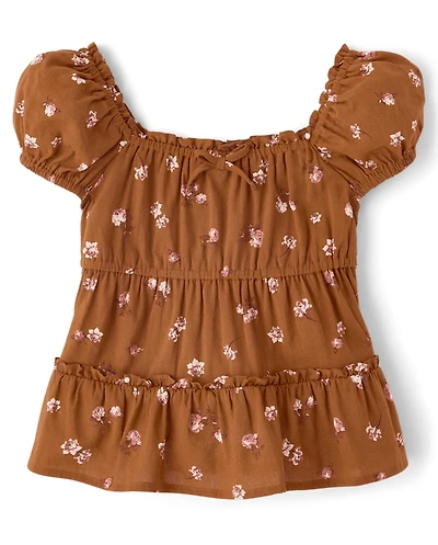 Girls Floral Textured Puff Sleeve Top