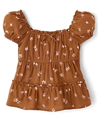 Girls Floral Textured Puff Sleeve Top