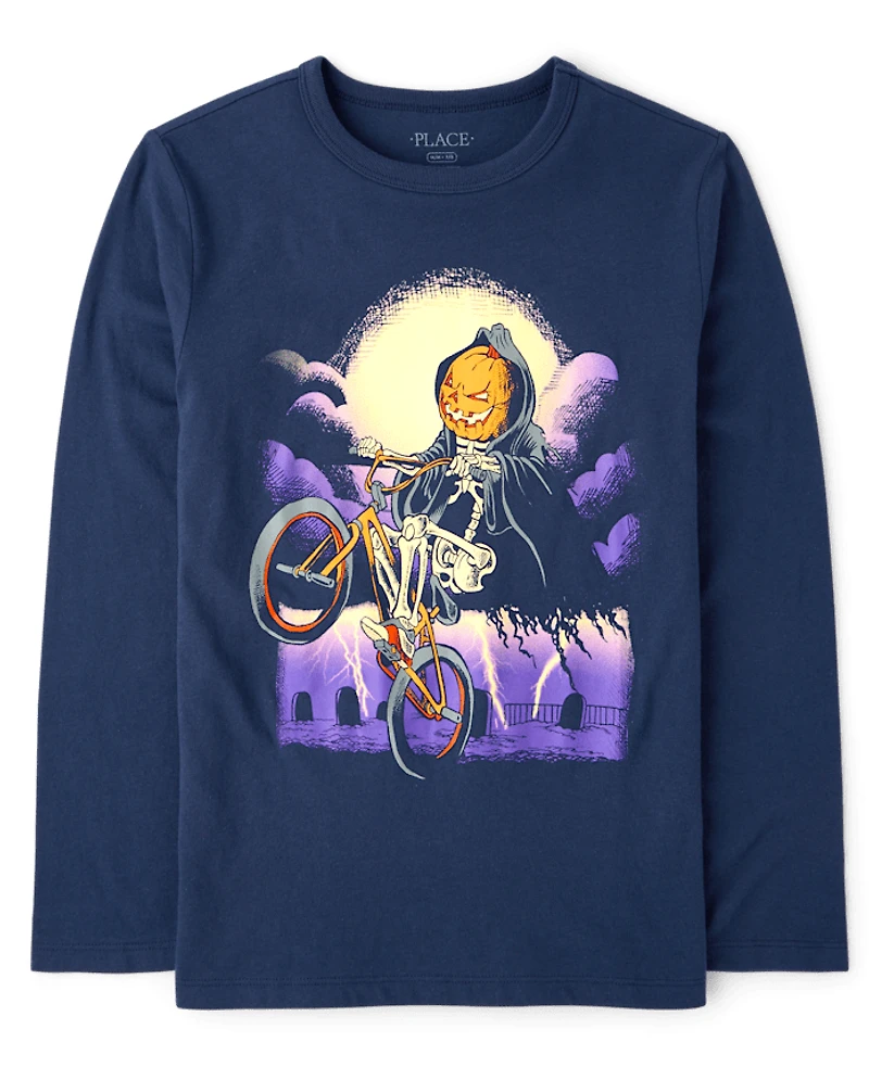 Boys Halloween Pumpkin Biker Graphic Tee