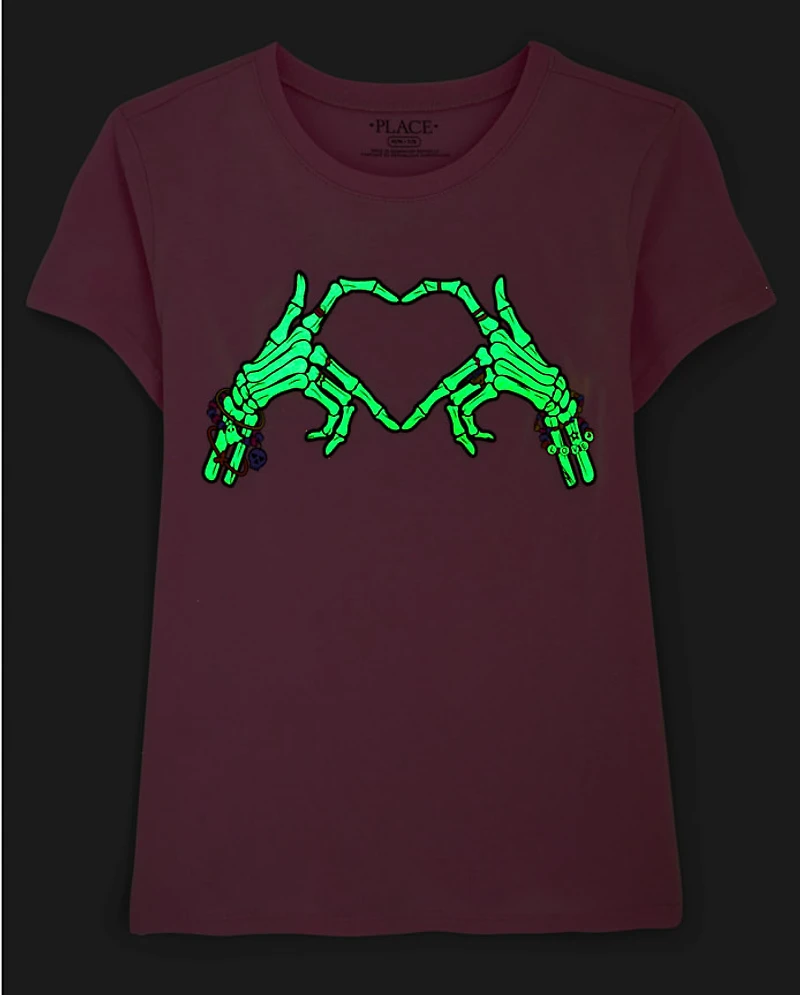 Girls Glow Halloween Skeleton Heart Graphic Tee