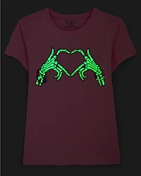 Girls Glow Halloween Skeleton Heart Graphic Tee