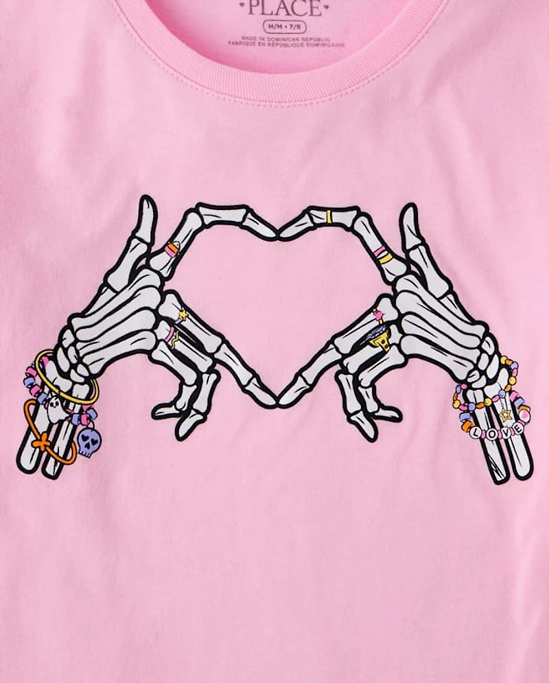 Girls Glow Halloween Skeleton Heart Graphic Tee