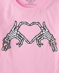 Girls Glow Halloween Skeleton Heart Graphic Tee