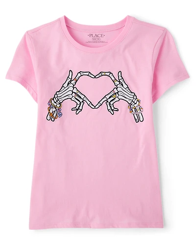 Girls Glow Halloween Skeleton Heart Graphic Tee