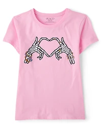 Girls Glow Halloween Skeleton Heart Graphic Tee