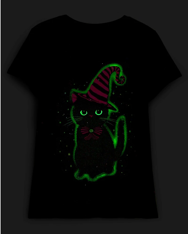 Girls Glow Halloween Cat Graphic Tee
