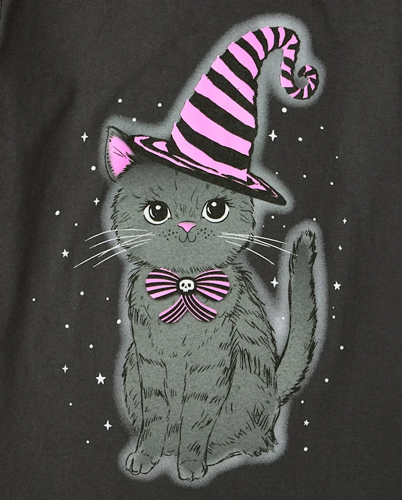 Girls Glow Halloween Cat Graphic Tee
