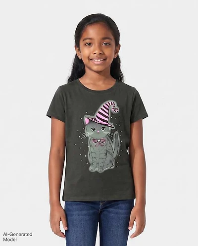 Girls Glow Halloween Cat Graphic Tee
