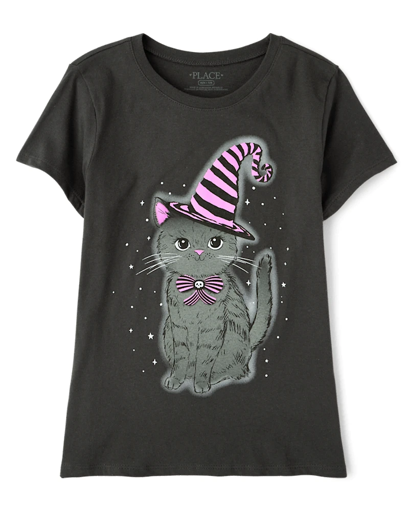 Girls Glow Halloween Cat Graphic Tee
