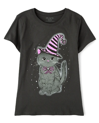 Girls Glow Halloween Cat Graphic Tee